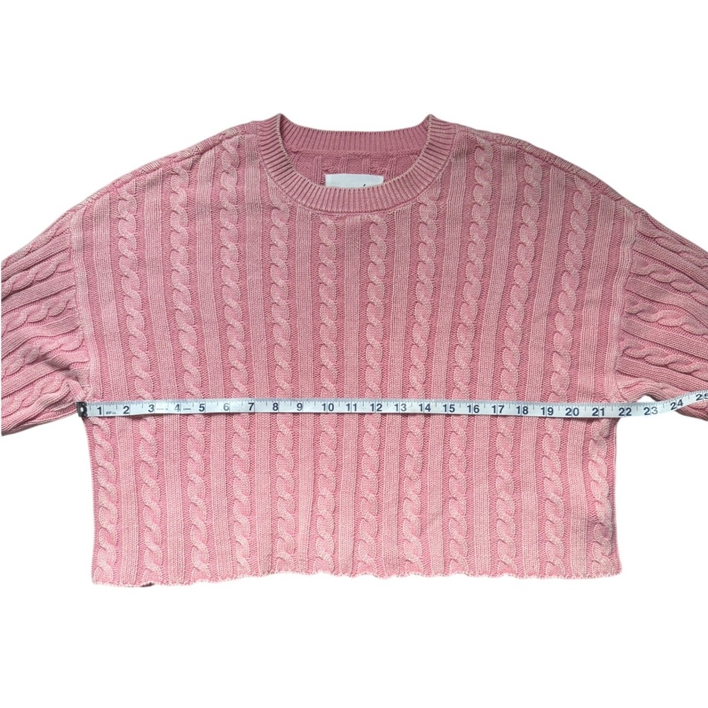 Aerie Cotton Pink Cable Knit Cropped Sweater L Barbiecore Coquette Clean Girl - Picture 4 of 8